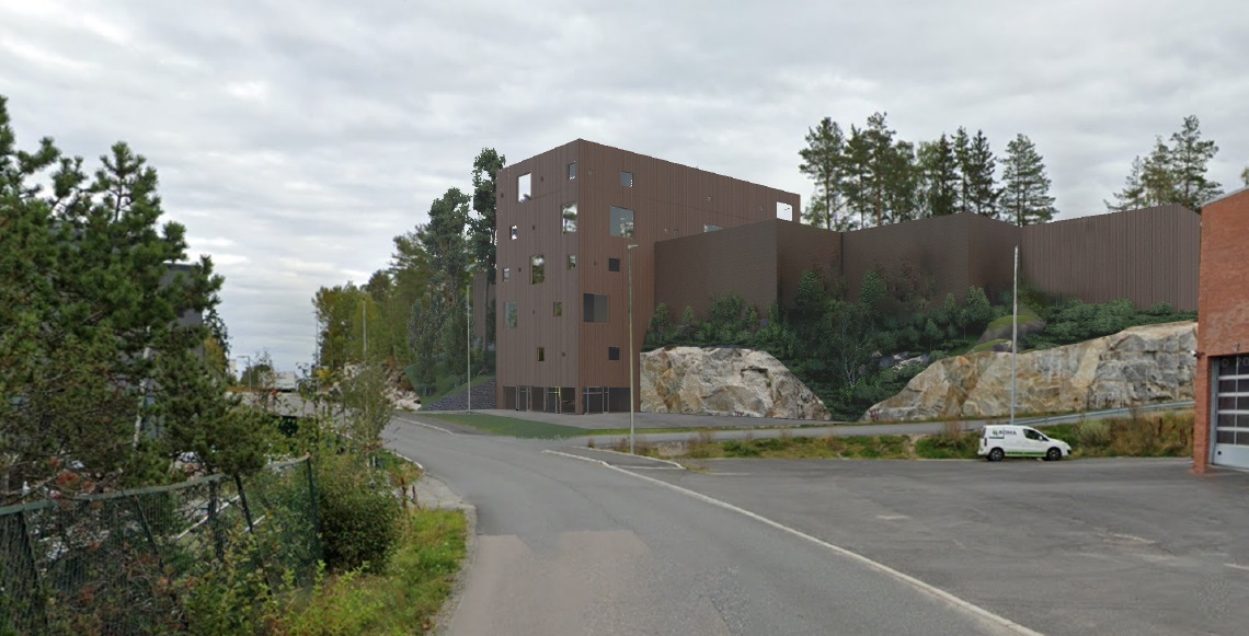 Arkitektskisse av planlagt bygg i Sofiemyrveien 10, næringsbygg med brune fasader