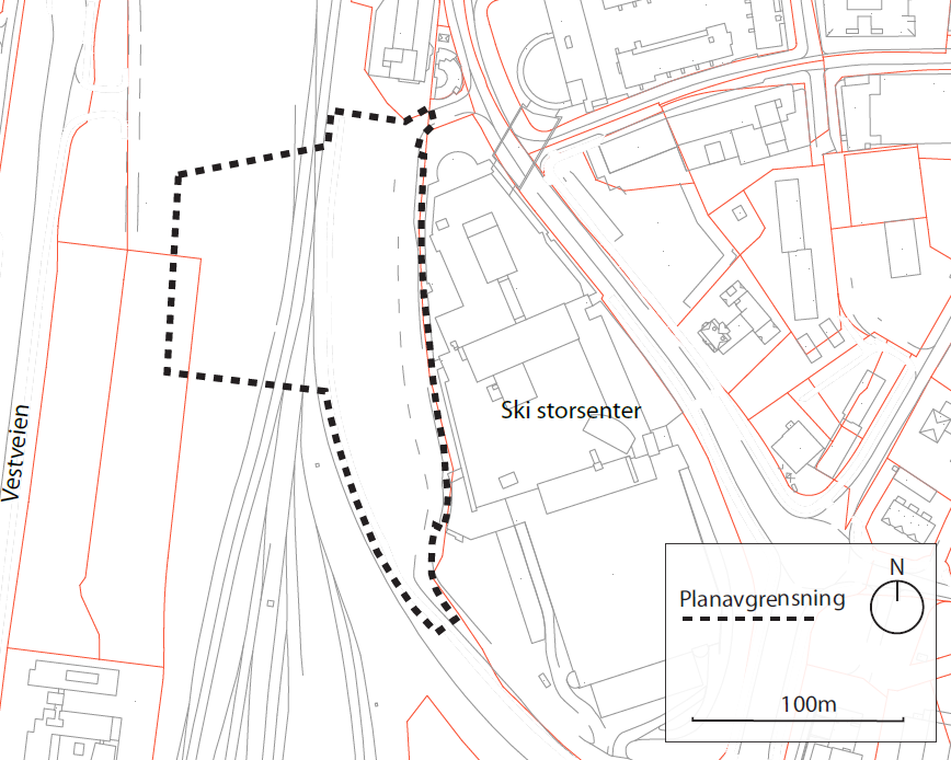 Kart over grenser for område av stasjonsområdet i Ski