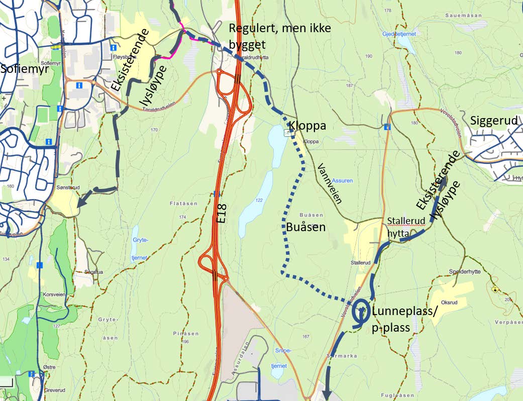 Kartutsnitt over lysløype over Buåsen